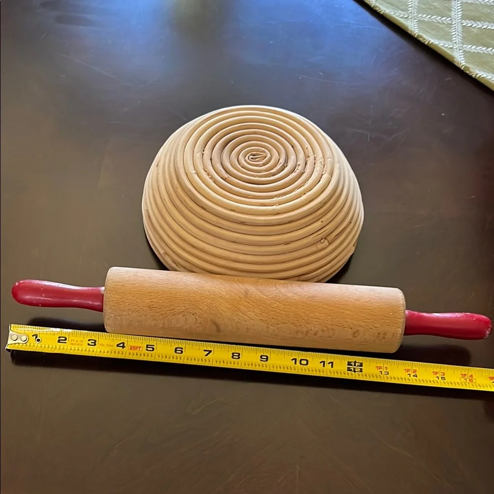 Handcrafted Wooden Cookware: Vintage Rolling Pin & Spiral Bread Proofing Basket